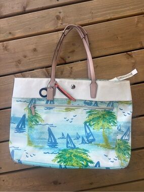Coach Resort Beach Scene Motif Canvas Large Tote Bag 🌴🌊⛵️